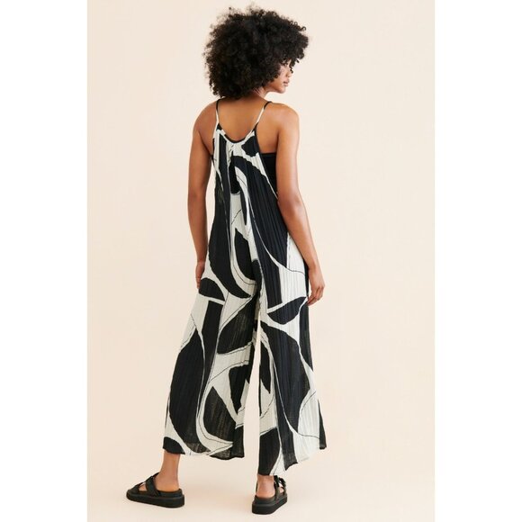 ANTHROPOLOGIE White Black Sheer Printed Cotton Gauze Wide Leg Jumpsuit, Size L - Picture 2 of 16